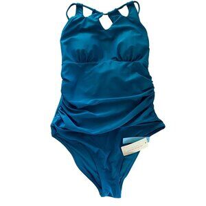 Cupshe Blue High Neck Cut Out One Piece Cross Back Straps Size Large NEW